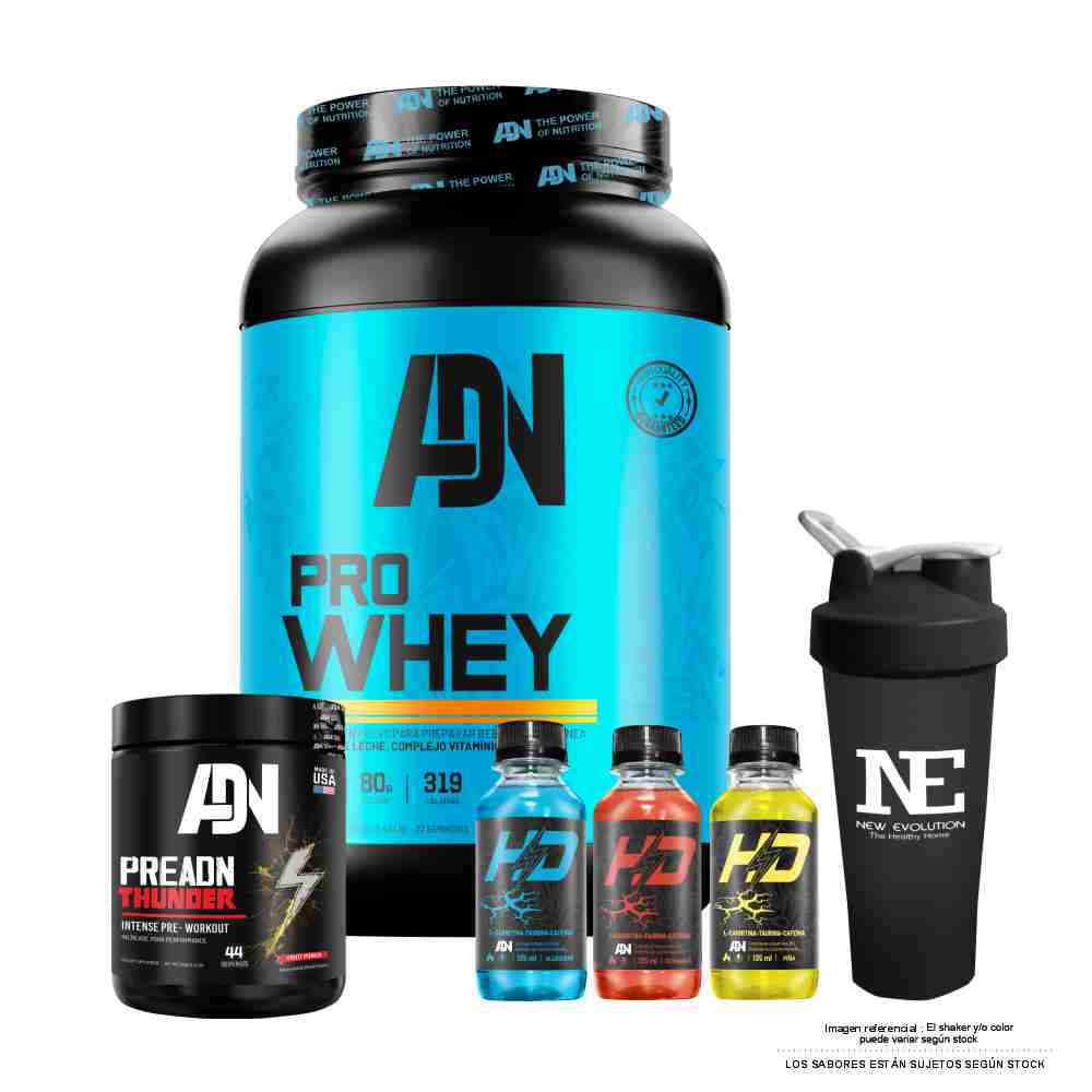 COMBO ADN NUTRITION - PRO WHEY 1.100 KG. COOKIE + PRE ADN THUNDER 352 GR. UVA + SHAKER - 1