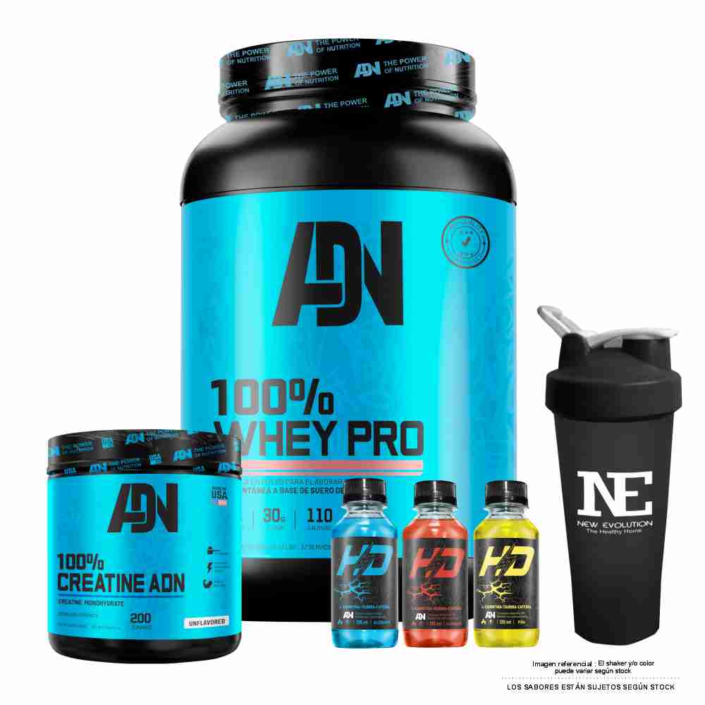 COMBO ADN NUTRITION - 100% WHEY PRO 1.100 KG. VAINILLA + 100% CREATINE ADN 500 GR. + SHAKER - 1