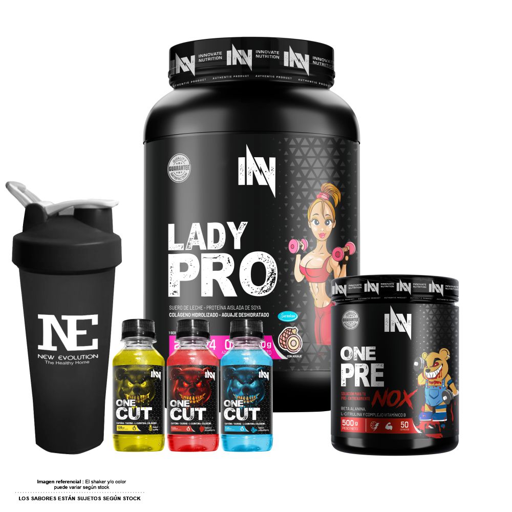 COMBO INNOVATE NUTRITION - LADY PRO 1.100 KG. VAINILLA + ONE PRE NOX 500 GR. MORA  + SHAKER - 1