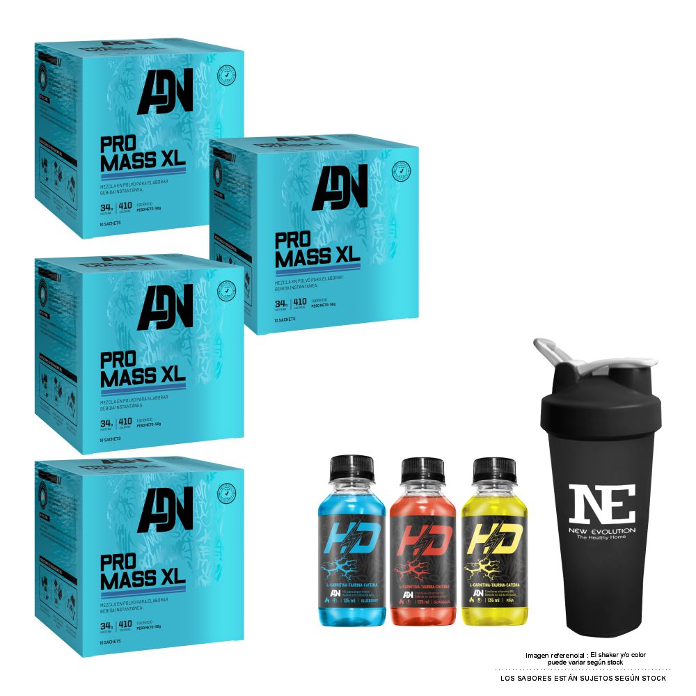 COMBO ADN NUTRITION - 4 PRO MASS XL CAJA 10 UNID. VAINILLA + SHAKER - 1