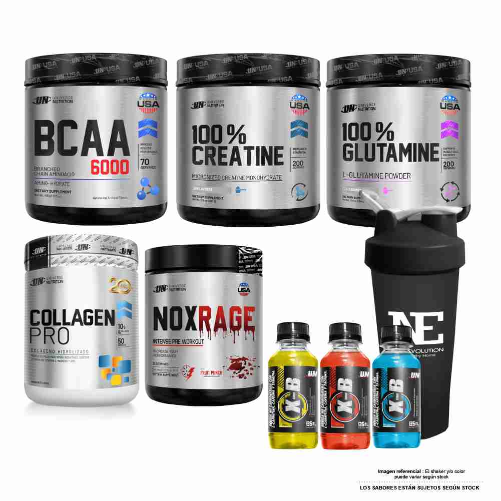 COMBO UN - BCAA 6000 490 GR. FRUIT P. + NOX RAGE 350GR FRUIT PUNCH + GLUTAMINE 500GR + CREATINE 500GR+COLAGEN 500 GR. MORA+SHAKER - 1
