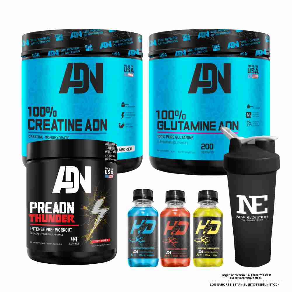 COMBO ADN NUTRITION - 100% CREATINE ADN 500 GR. + 100% GLUTAMINE ADN 500 GR. + PRE ADN THUNDER 352 GR. FRUIT PUNCH + SHAKER - 1