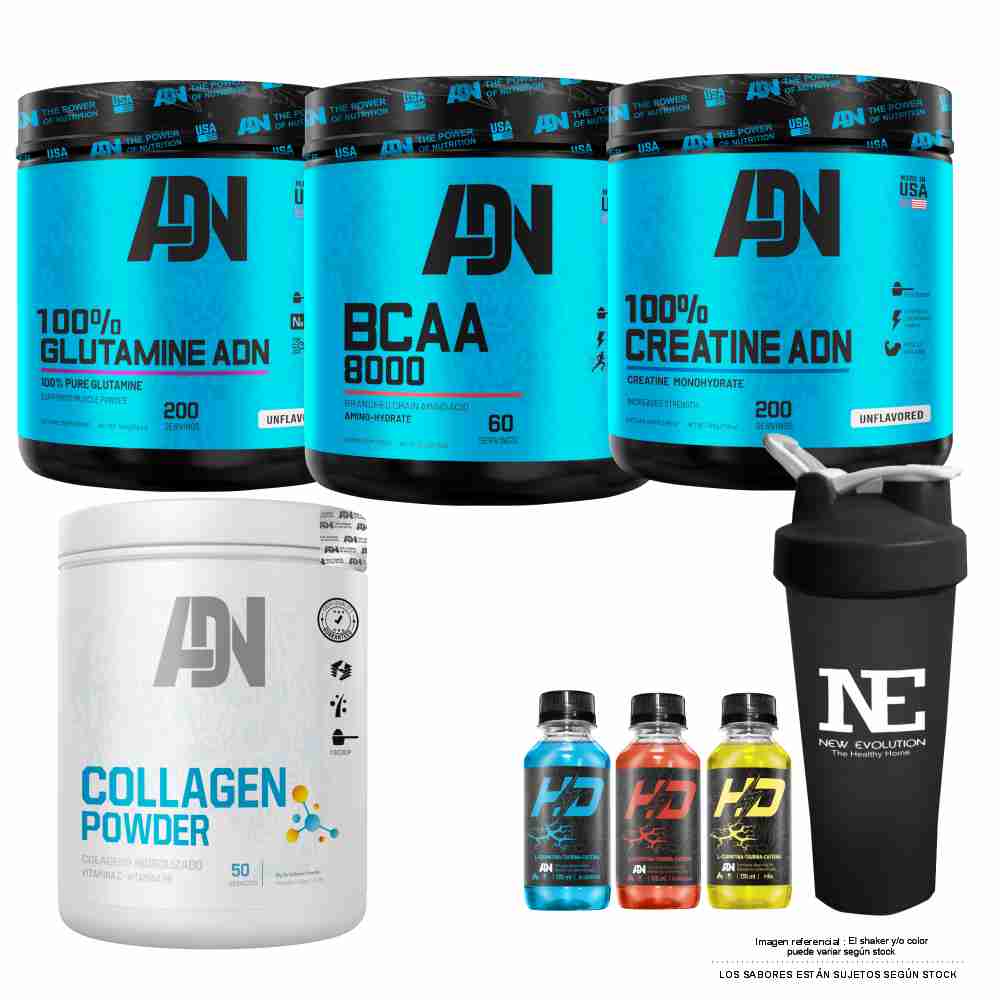 COMBO ADN NUTRITION - CREATINE ADN 500GR + GLUTAMINE ADN 500GR + BCAA 8000 540GR FRUIT PUNCH + COLLAGEN 500GR FRUIT PUNCH +SHAKER - 1