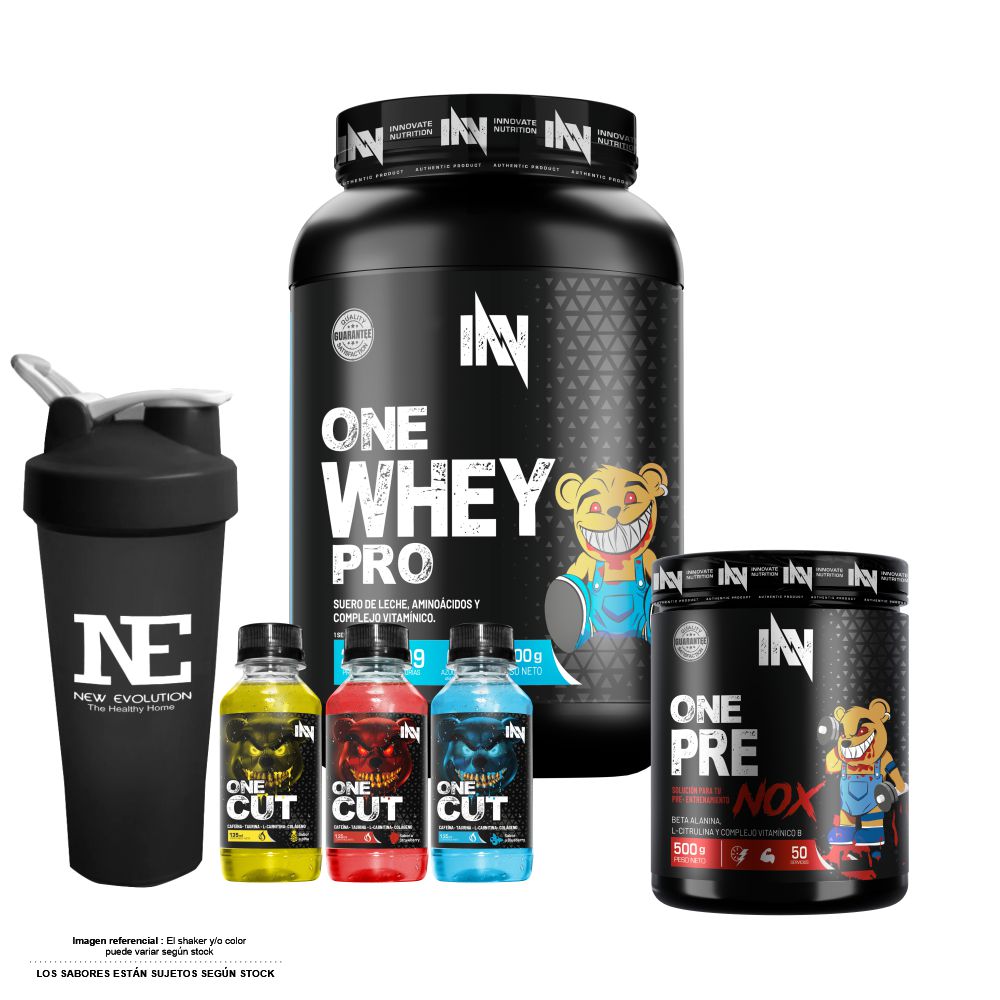 COMBO INNOVATE NUTRITION - ONE WHEY PRO 1.100 KG. CHOCOLATE + ONE PRE NOX 500 GR. FRUIT PUNCH + SHAKER - 1