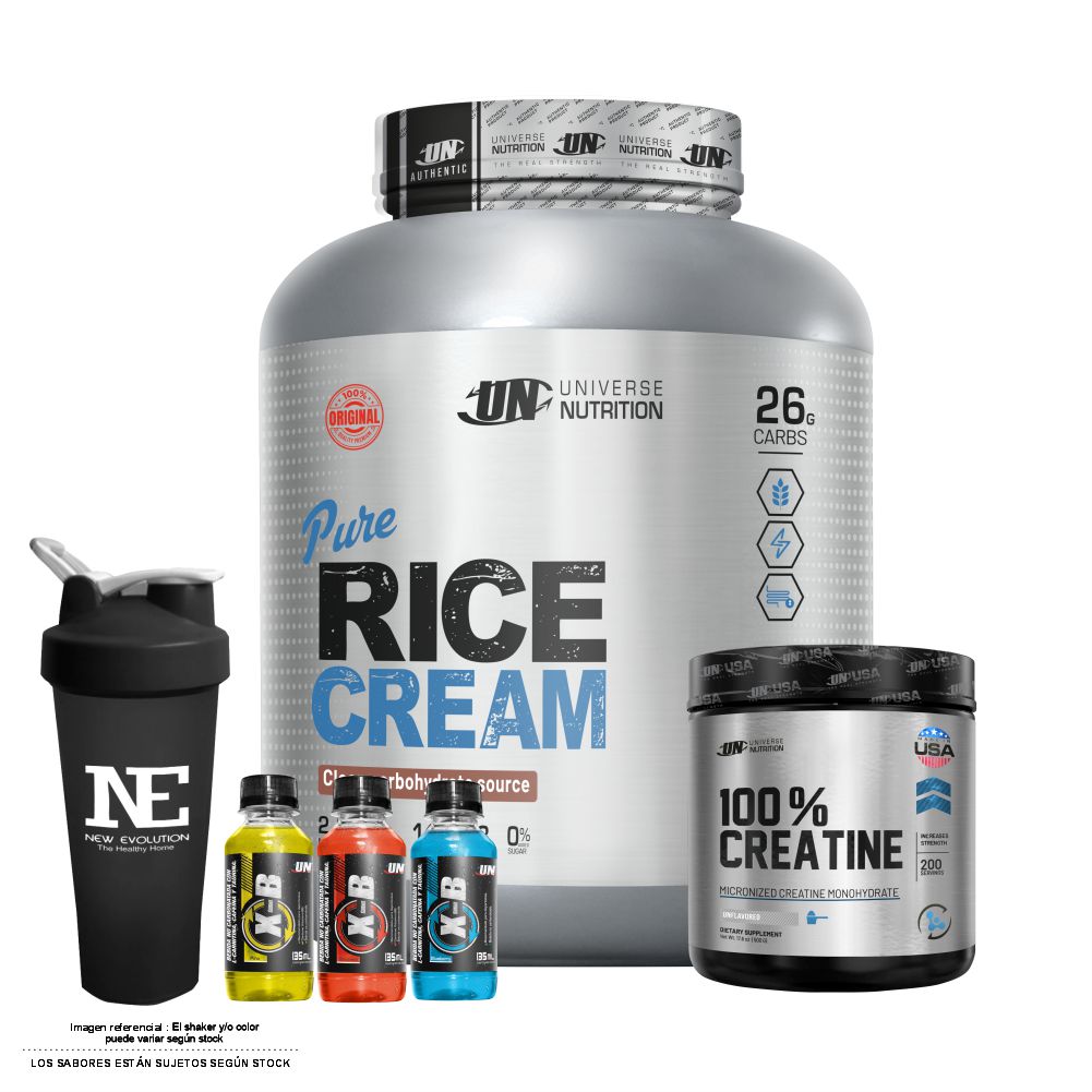 COMBO UNIVERSE NUTRITION - PURE RICE CREAM 2.5 KG. CHOCOLATE + 100% CREATINE 500 GR. + SHAKER - 1