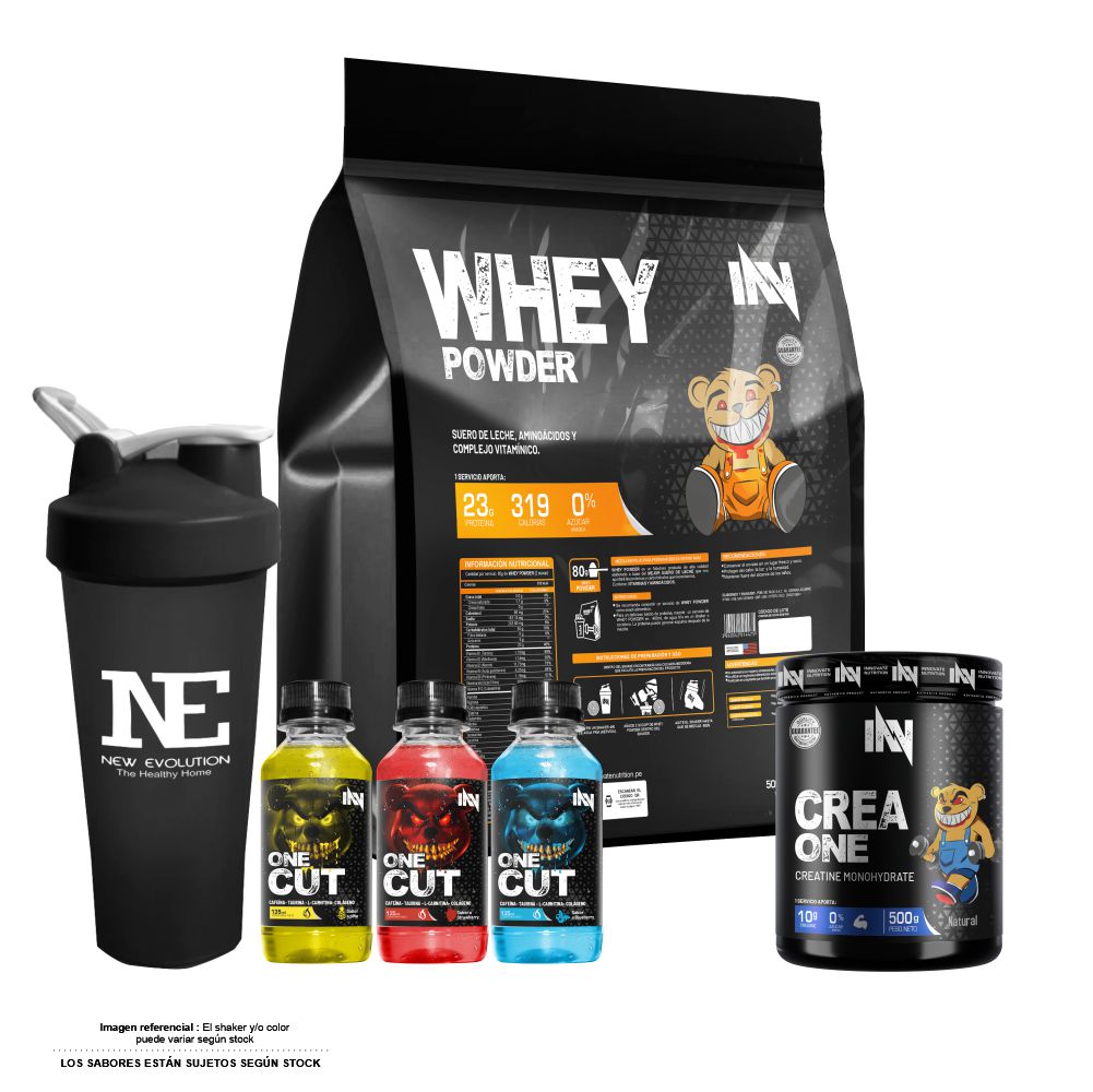COMBO INNOVATE NUTRITION - WHEY POWDER 3 KG. VAINILLA + CREA ONE 500 GR. + SHAKER - 1