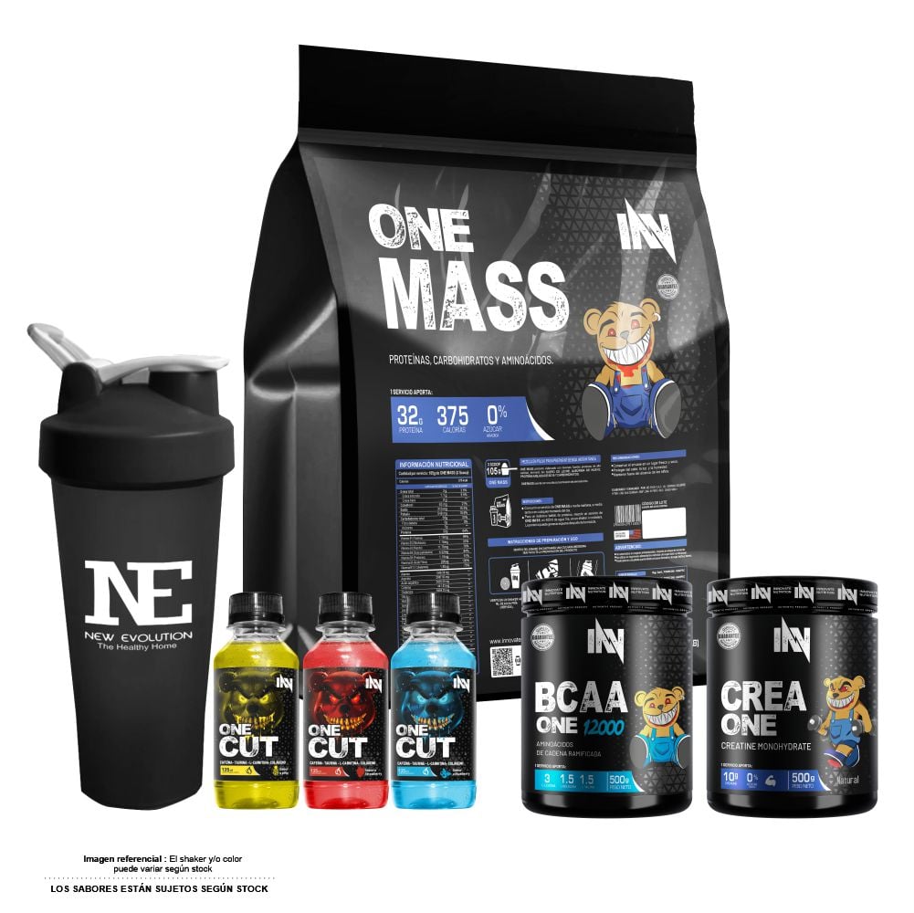 COMBO INNOVATE NUTRITION - ONE MASS 3 KG. CHOCOLATE + CREA ONE 500 GR. + BCAA ONE 12000 500 GR. FRUIT PUNCH + SHAKER - 1