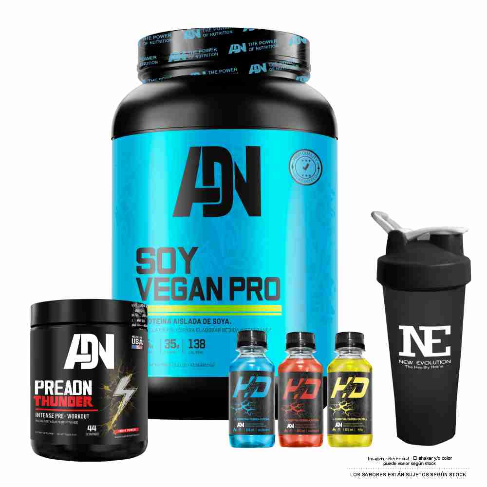 COMBO ADN NUTRITION - SOY VEGAN PRO 1.500 KG. VAINILLA + PRE ADN THUNDER 352 GR. UVA + SHAKER - 1