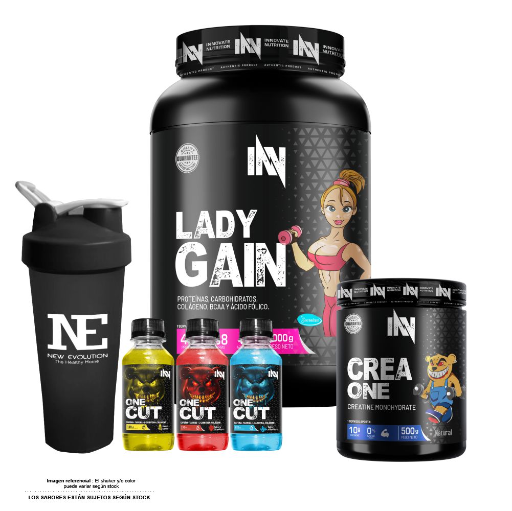 COMBO INNOVATE NUTRITION - LADY GAIN 2 KG. CHOCOLATE + CREA ONE 500 GR. + SHAKER - 1