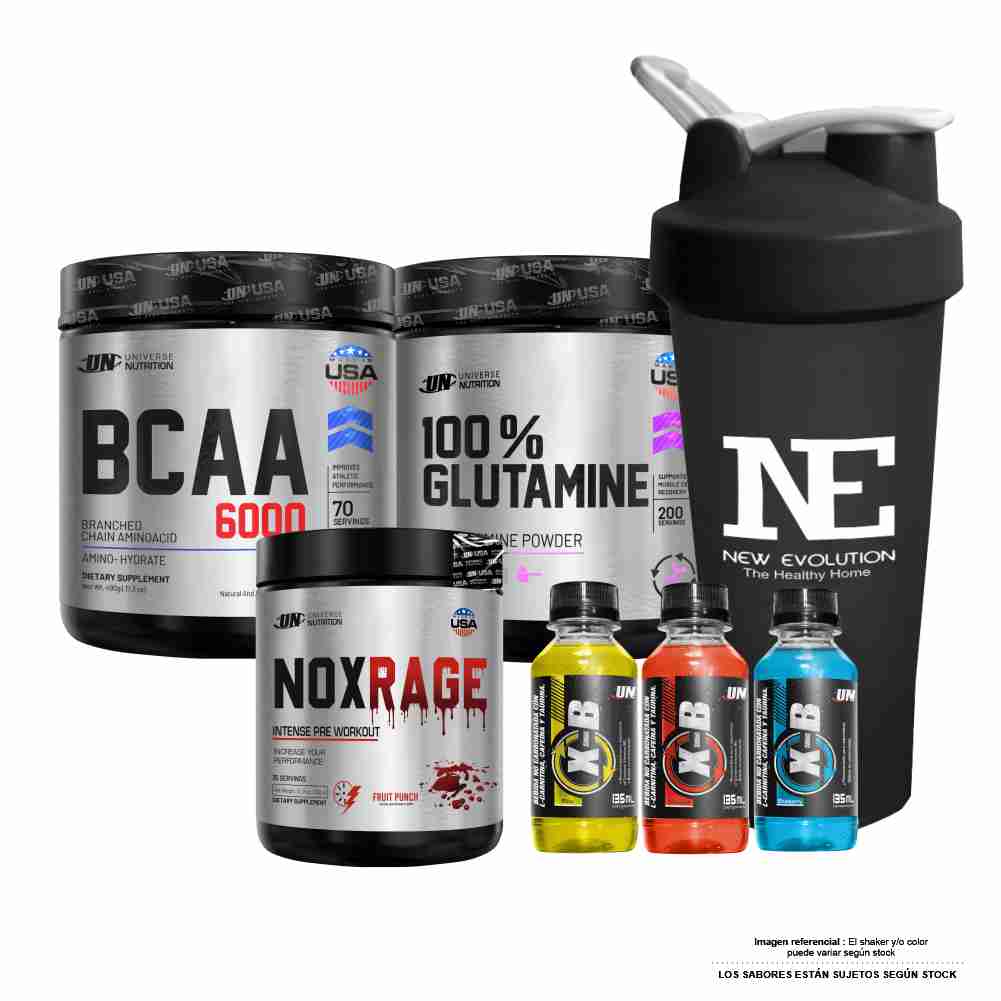 COMBO UNIVERSE NUTRITION - BCAA 6000 490 GR. FRUIT PUNCH  + 100% GLUTAMINE 500 GR. + NOX RAGE 350 GR. FRUIT PUNCH + SHAKER - 1