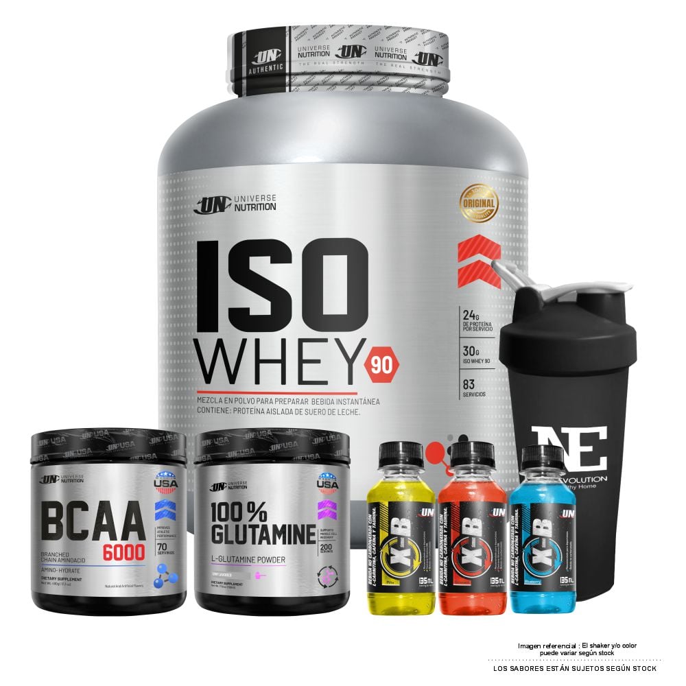 COMBO UNIVERSE NUTRITION - ISO WHEY 90 2.5 KG. CHOCOLATE + 100% GLUTAMINE 500 GR. + BCAA 6000 490 GR. FRUIT PUNCH + SHAKER - 1