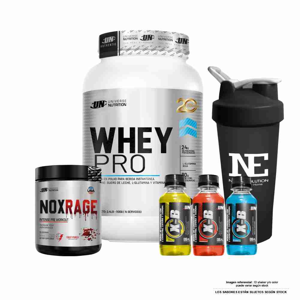 COMBO UNIVERSE NUTRITION - WHEY PRO 1.100 KG. COOKIE + NOX RAGE 350 GR. FRUIT PUNCH + SHAKER - 1
