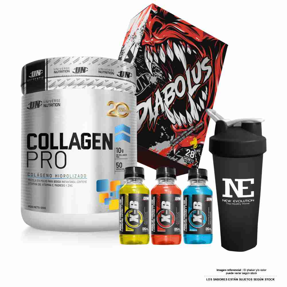 COMBO UNIVERSE NUTRITION - COLLAGEN PRO 500 GR. FRUIT PUNCH + DIABOLUS CAJA 28 UNID. MARACUYÁ + SHAKER - 1