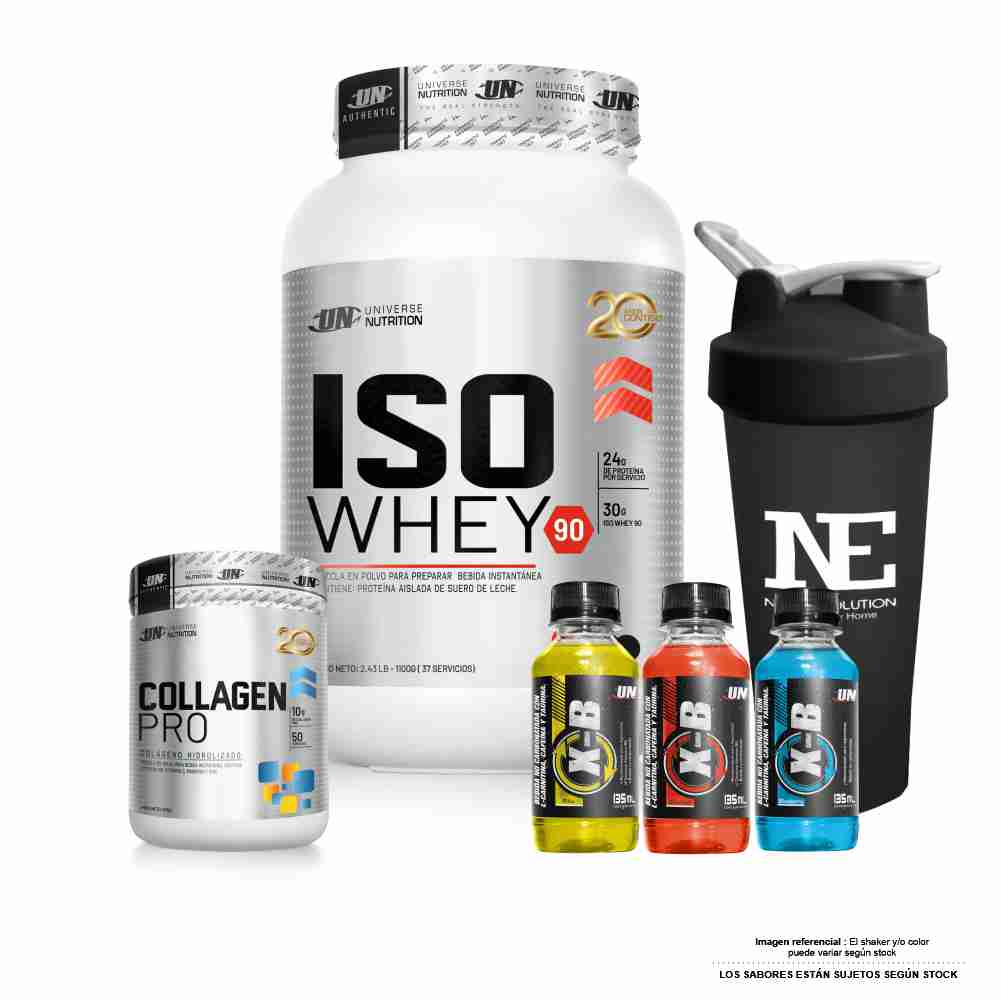 COMBO UNIVERSE NUTRITION - ISO WHEY 90 1.100 KG. CHOCOLATE + COLLAGEN PRO 500 GR. SANDIA + SHAKER - 1