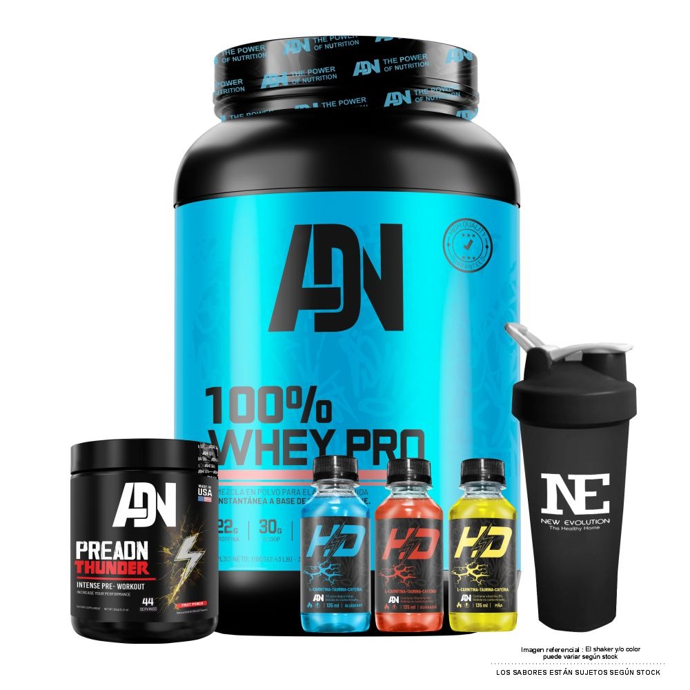 COMBO ADN NUTRITION - 100% WHEY PRO 1.100 KG. VAINILLA + PRE ADN THUNDER 352 GR. FRUIT PUNCH + SHAKER - 1