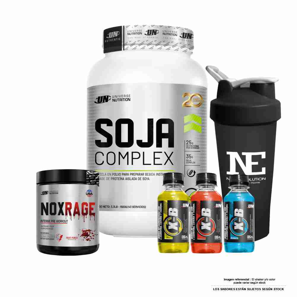 COMBO UNIVERSE NUTRITION - SOJA COMPLEX 1.500 KG. CHOCOLATE + NOX RAGE 350 GR. CITRUS PUNCH + SHAKER - 1
