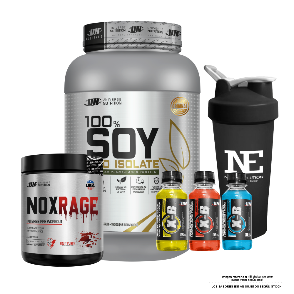 COMBO UNIVERSE NUTRITION - 100% SOY PRO ISOLATE 1.500 KG. CHOCOLATE + NOX RAGE 350 GR. CITRUS PUNCH + SHAKER - 1