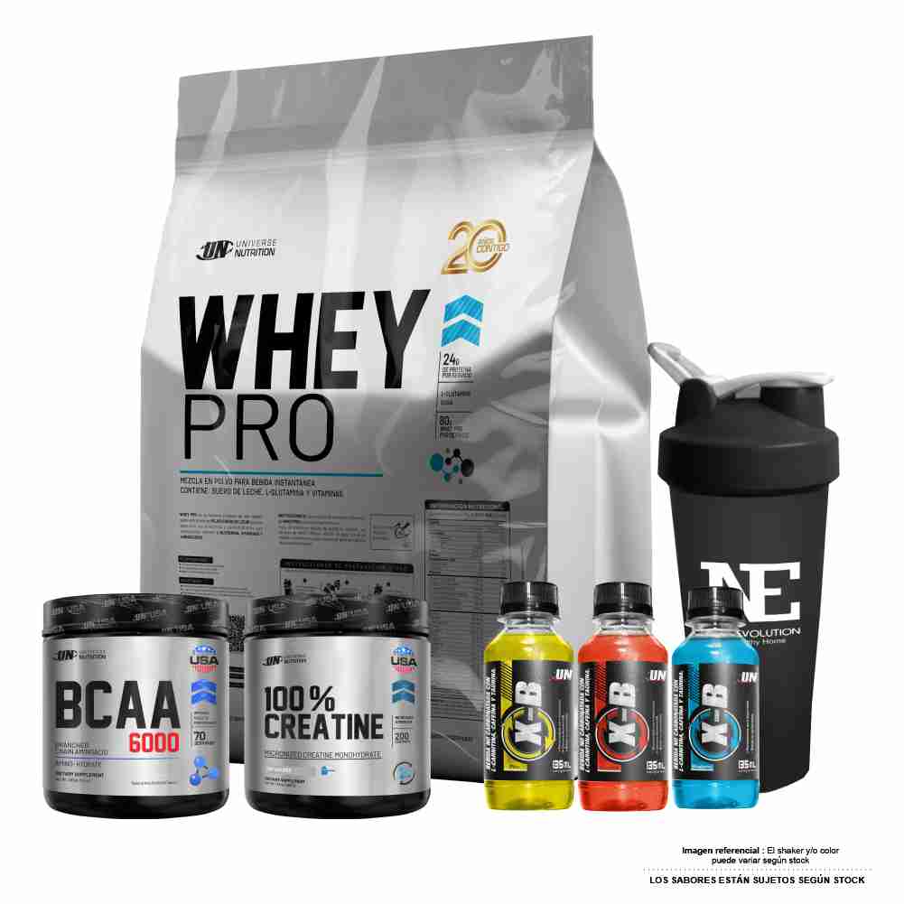 COMBO UNIVERSE NUTRITION - WHEY PRO 5 KG. CHOCOLATE + 100% CREATINE 500 GR. + BCAA 6000 490GR. CITRUS PUNCH+ SHAKER - 1