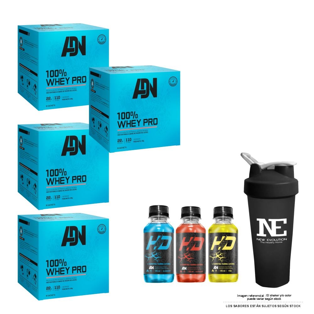 COMBO ADN NUTRITION - 4 100% WHEY PRO CAJA 10 UNID. CHOCOLATE + SHAKER - 1