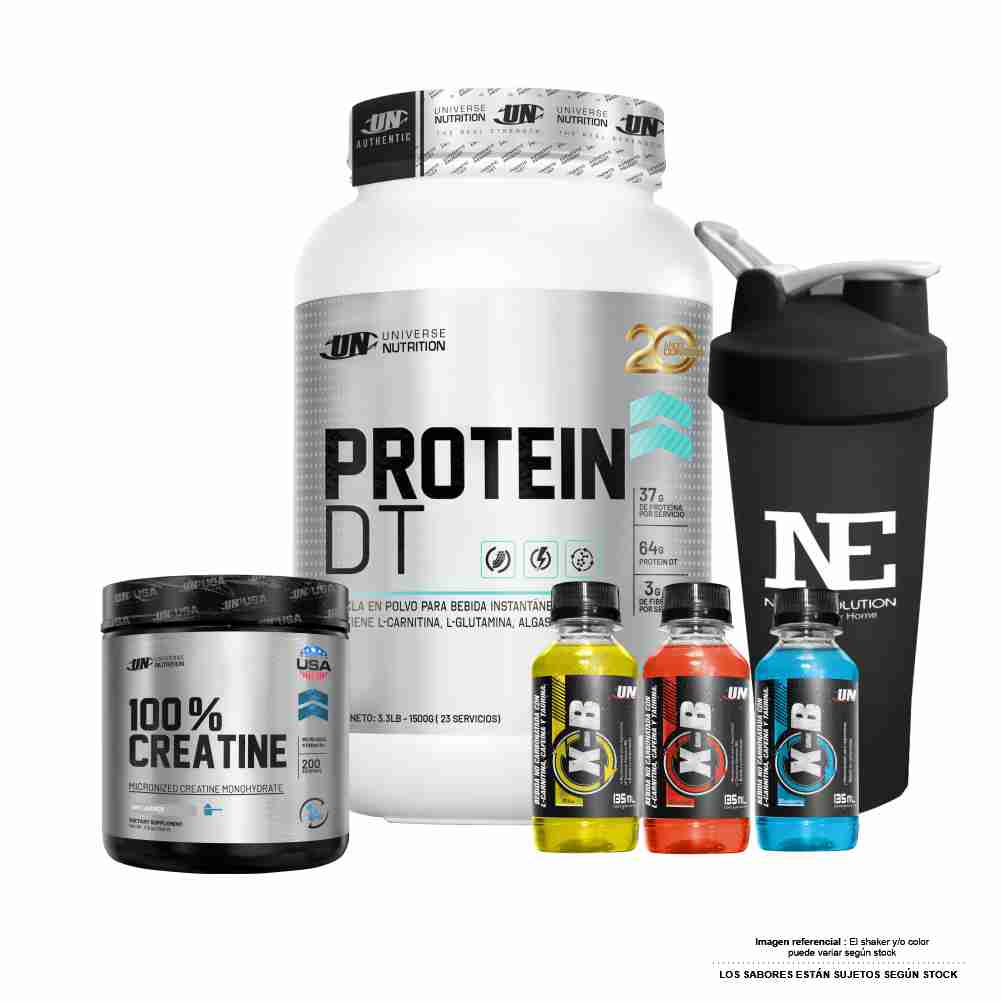 COMBO UNIVERSE NUTRITION - PROTEIN DT 1.500 KG. CHOCOLATE + 100% CREATINE 500 GR. + SHAKER - 1