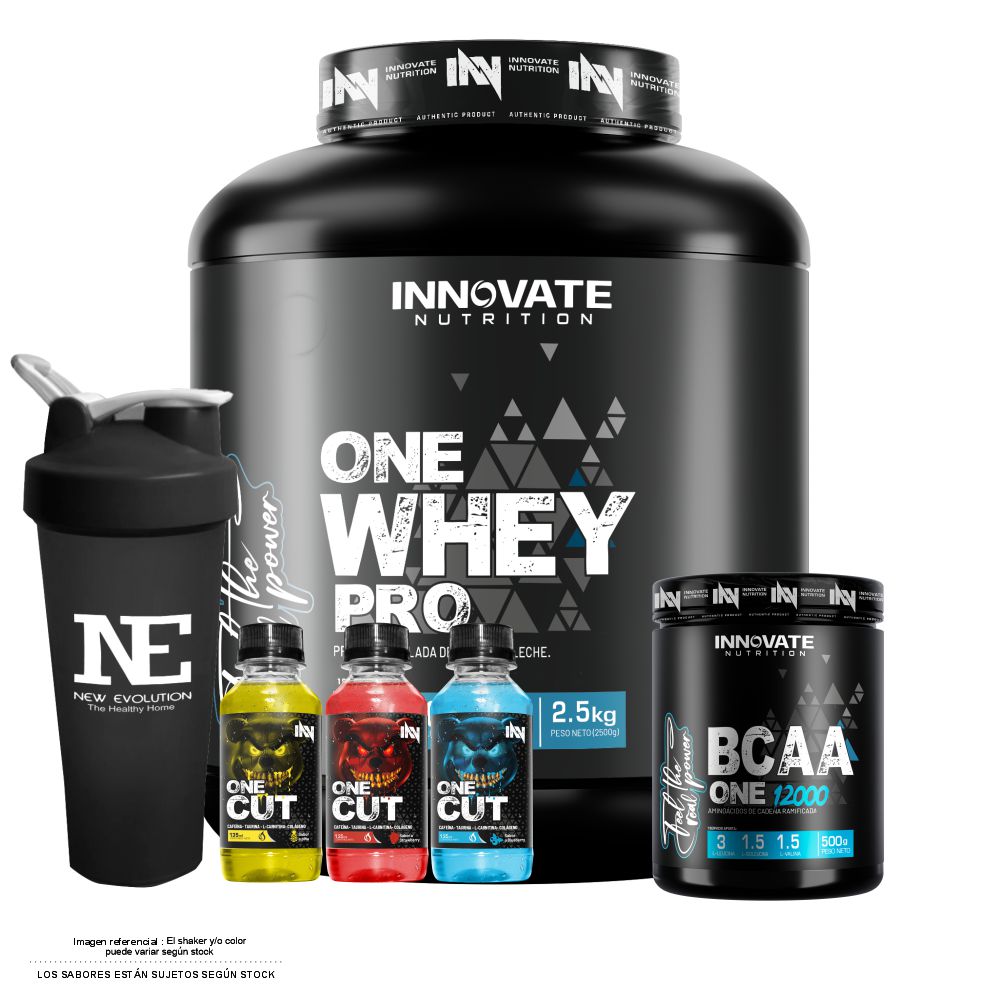 COMBO INNOVATE NUTRITION - ONE WHEY PRO 2.5KG. CHOCOLATE + BCAA ONE 12000 500 GR. FRUIT PUNCH + SHAKER - 1