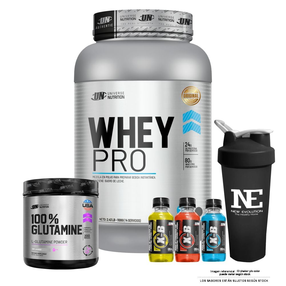 COMBO UNIVERSE NUTRITION - WHEY PRO 1.100 KG. CHOCOLATE + 100% GLUTAMINE 500 GR. + SHAKER - 1