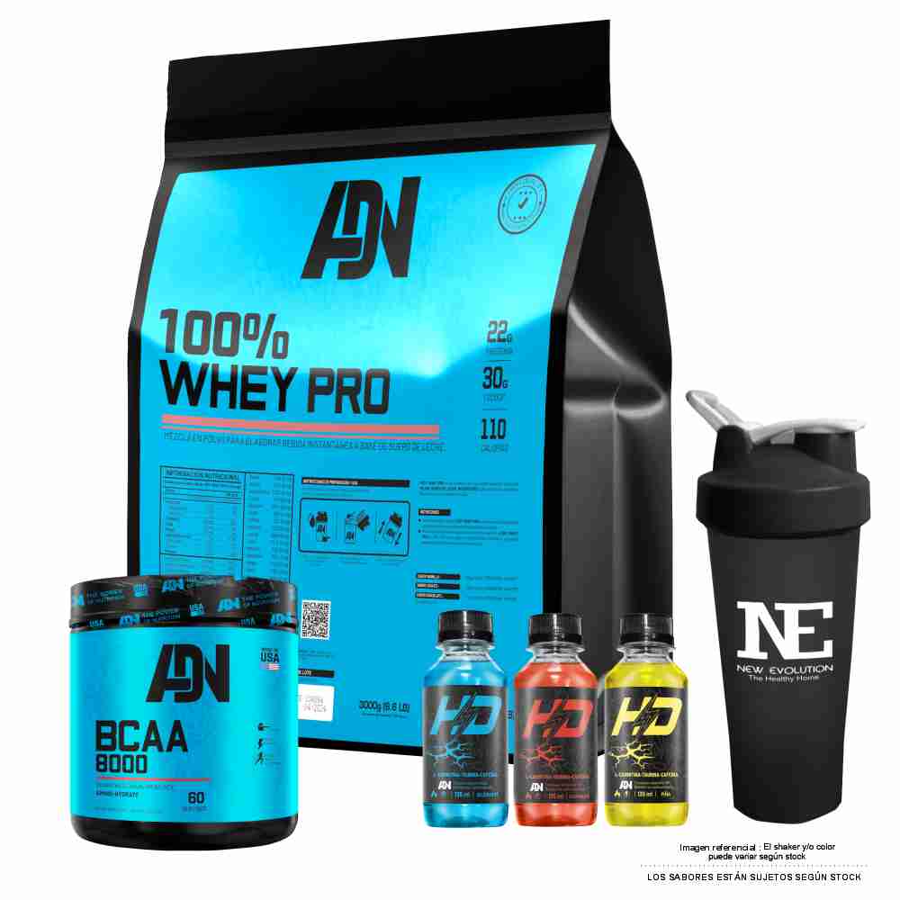 COMBO ADN NUTRITION - 100% WHEY PRO 5 KG. COOKIE + BCAA 8000 540 GR. FRUIT PUNCH + SHAKER - 1