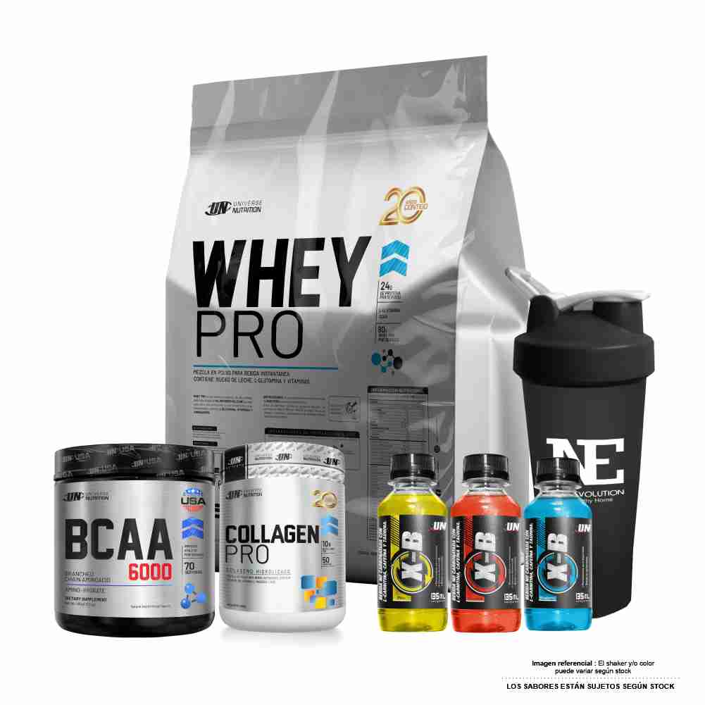 COMBO UNIVERSE NUTRITION - WHEY PRO 5 KG. COOKIE + BCAA 6000 490 GR. FRUIT PUNCH + COLLAGEN PRO 500 GR. FRUIT PUNCH + SHAKER - 1