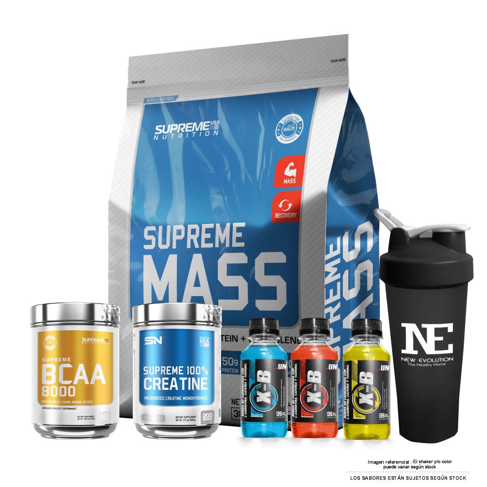 COMBO SUPREME NUTRITION - SUPREME MASS 10 LIBRAS VAINILLA + SUPREME BCAA 8000 540 GR. FRUIT PUNCH + 100% CREATINE 500 GR. +SHAKER - 1