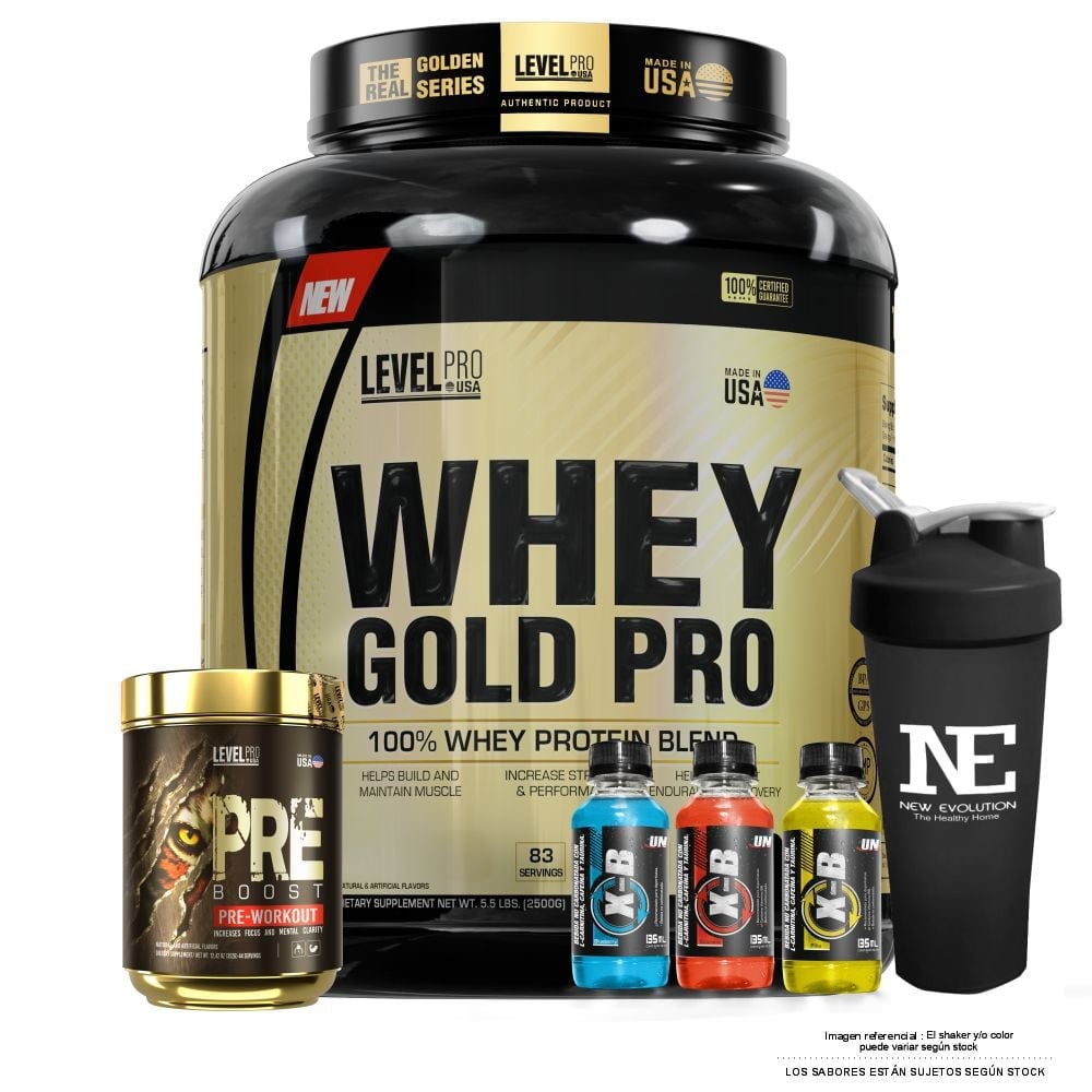 COMBO LEVEL PRO - WHEY GOLD PRO 5.5 LIBRAS VAINILLA CREAM + PRE BOOST 352 GR. FRUIT PUNCH + SHAKER - 1
