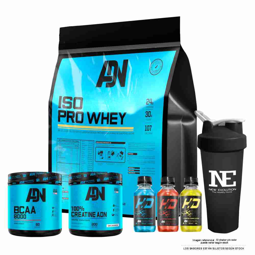 COMBO ADN NUTRITION - ISO PRO WHEY 3 KG. COOKIE + BCAA 8000 540 GR. FRUIT PUNCH + 100% CREATINE ADN 500 GR. + SHAKER - 1
