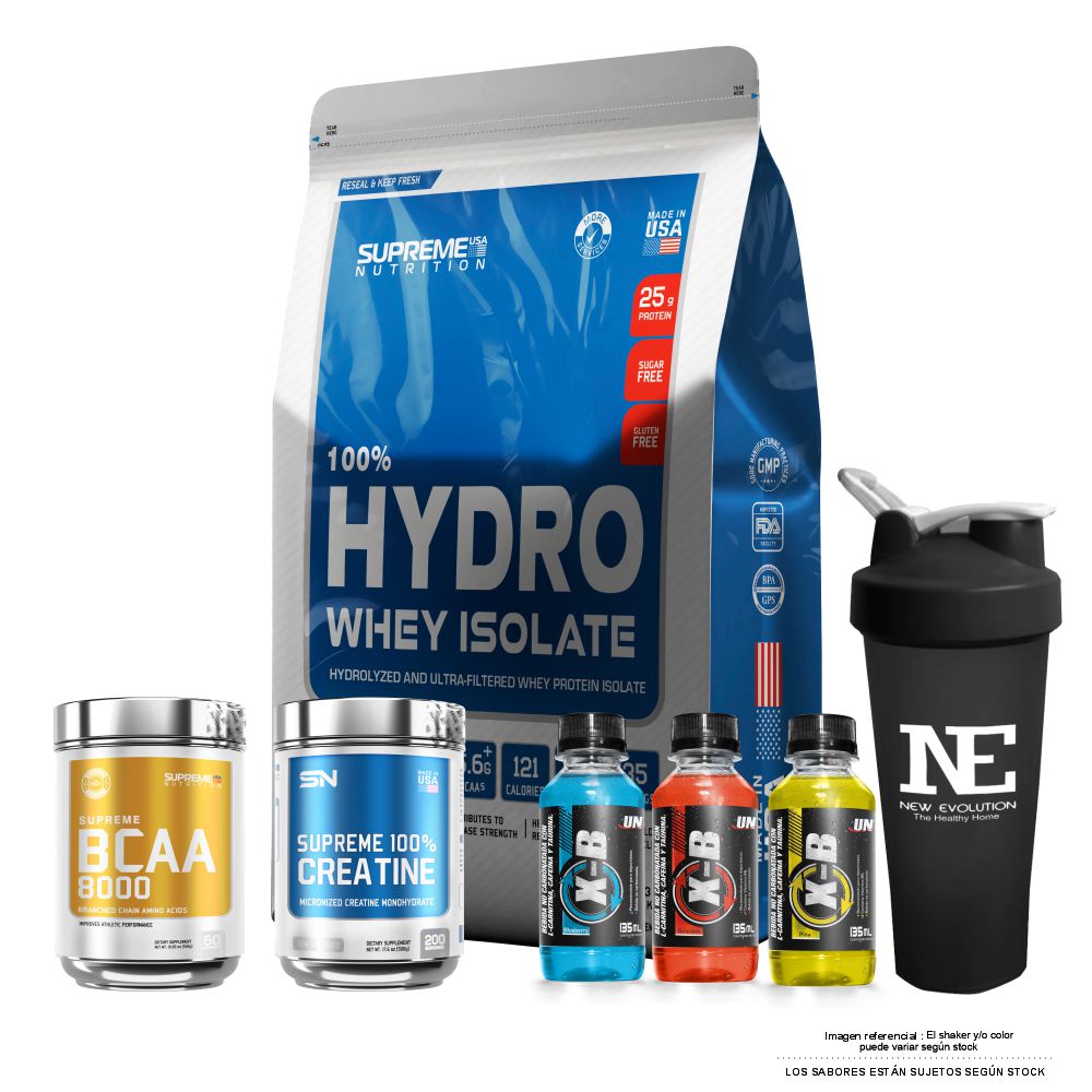 COMBO SUPREME - 100% HYDRO WHEY ISOLATE 5.5 LIBRAS CHOCOLATE + BCAA 8000 540 GR. FRUIT PUNCH + 100% CREATINE 500 GR. + SHAKER - 1