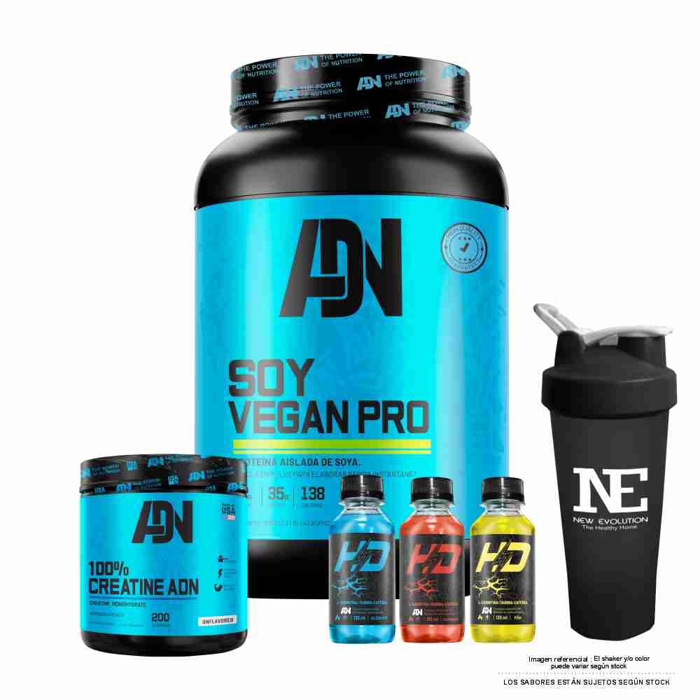 COMBO ADN NUTRITION - SOY VEGAN PRO 1.500 KG. COOKIE + 100% CREATINE ADN 500 GR. + SHAKER - 1