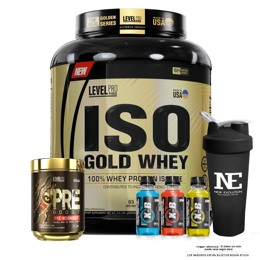 COMBO LEVEL PRO - ISO GOLD WHEY 5.5 LIBRAS CHOCOLATE + PRE BOOST 352 GR. GREEN APPLE + SHAKER - 1