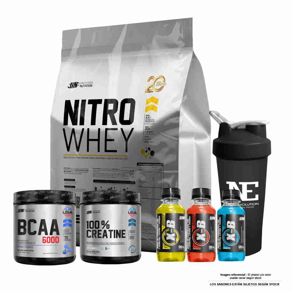 COMBO UNIVERSE NUTRITION - NITRO WHEY 5 KG. CHOCOLATE + 100% CREATINE 500 GR. + BCAA 6000 490 GR. CITRUS PUNCH + SHAKER - 1