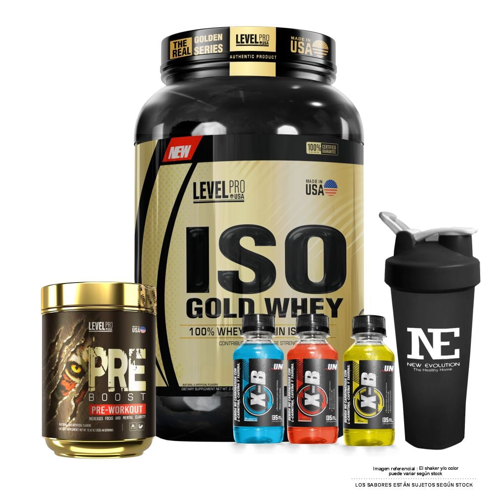COMBO LEVEL PRO - ISO GOLD WHEY 2.43 LIBRAS CHOCOLATE + PRE BOOST 352 GR. FRUIT PUNCH + SHAKER - 1