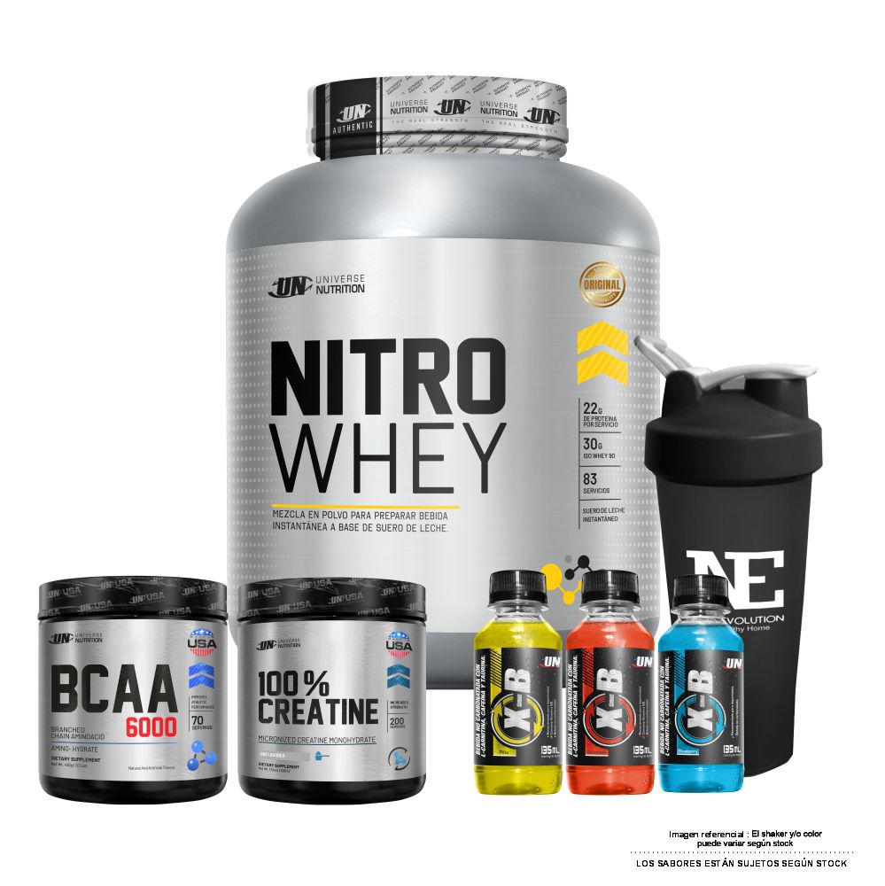 COMBO UNIVERSE NUTRITION - NITRO WHEY 2.5 KG. COOKIE + 100% CREATINE 500 GR. + BCAA 6000 490 GR. CITRUS PUNCH + SHAKER - 1