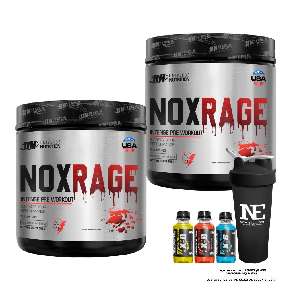 COMBO UNIVERSE NUTRITION - 2 NOX RAGE 700 GR. FRUIT PUNCH + SHAKER - 1