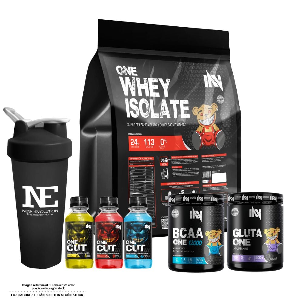 COMBO INNOVATE NUTRITION - ONE WHEY ISOLATE 5 KG. VAINILLA + GLUTA ONE 500 GR. + BCAA ONE 12000 500 GR. FRUIT PUNCH + SHAKER - 1