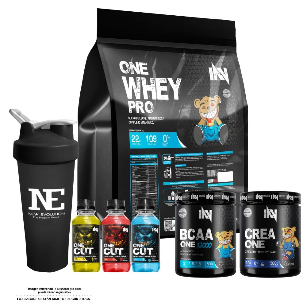 COMBO INNOVATE NUTRITION - ONE WHEY PRO 5 KG. CHOCOLATE + CREA ONE 500 GR. + BCAA ONE 12000 500 GR. FRUIT PUNCH +SHAKER - 1