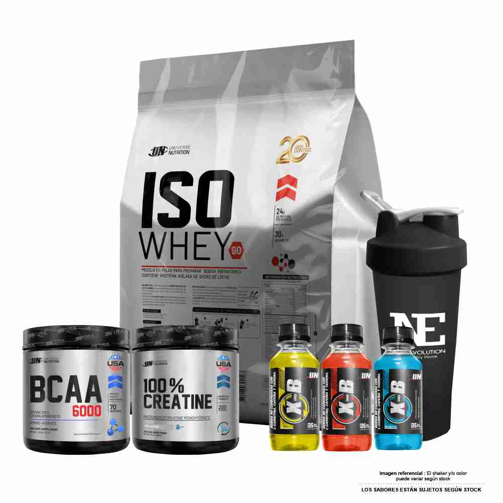 COMBO UNIVERSE NUTRITION - ISO WHEY 90 5 KG. CHOCOLATE + 100% CREATINE 500 GR. + BCAA 6000 490 GR. FRUIT PUNCH + SHAKER - 1