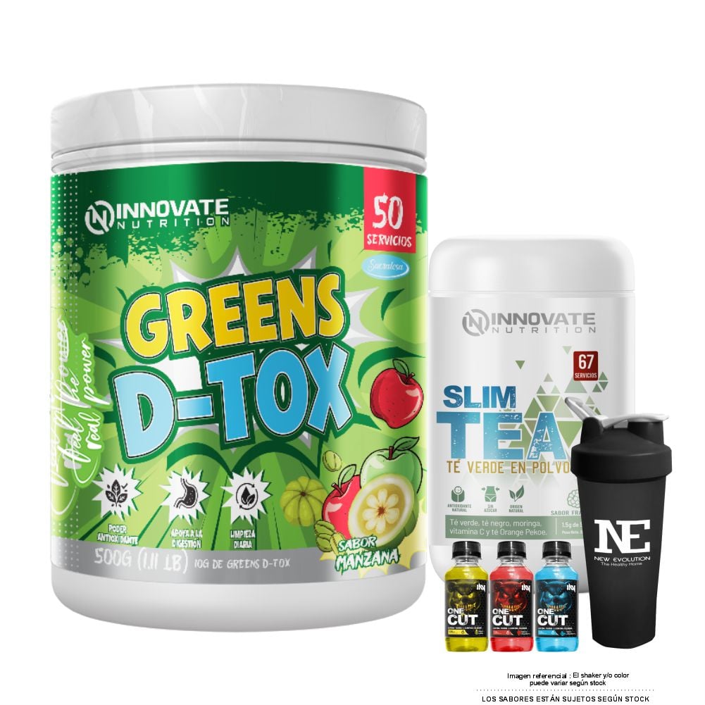 COMBO INNOVATE NUTRITION - SLIM TEA 100GR + GREENS D-TOX 500 GR. MANZANA + SHAKER - 1
