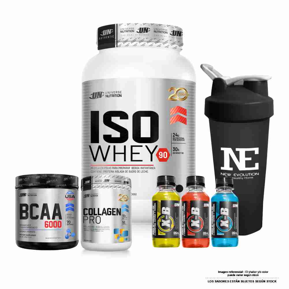 COMBO UNIVERSE NUTRITION - ISO WHEY 90 1.100 KG. CHOCOLATE + BCAA 6000 490 GR. FRUIT PUNCH + COLLAGEN PRO 500 GR. MORA + SHAKER - 1
