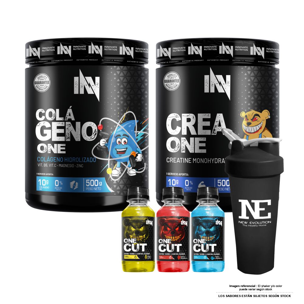 COMBO INNOVATE NUTRITION - CREA ONE 500 GR. + COLÁGENO ONE 500 GR. FRUIT PUNCH + SHAKER - 1