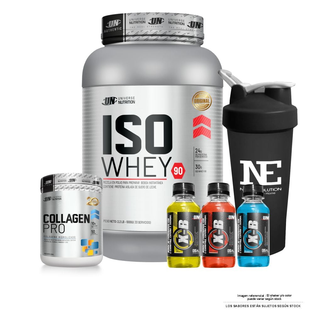 COMBO UNIVERSE NUTRITION - ISO WHEY 90 1.100 KG. VAINILLA + COLLAGEN PRO 500 GR. MORA + SHAKER - 1