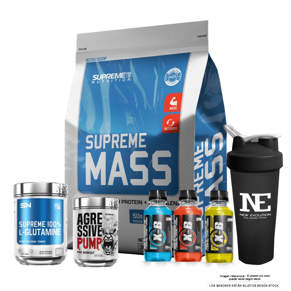 COMBO SUPREME NUTRITION - SUPREME MASS 10 LIBRAS CHOCOLATE + 100% GLUTAMINE 500 GR. + AGRESSIVE PUMP 350 GR. FRUIT PUNCH + SHAKER - 1
