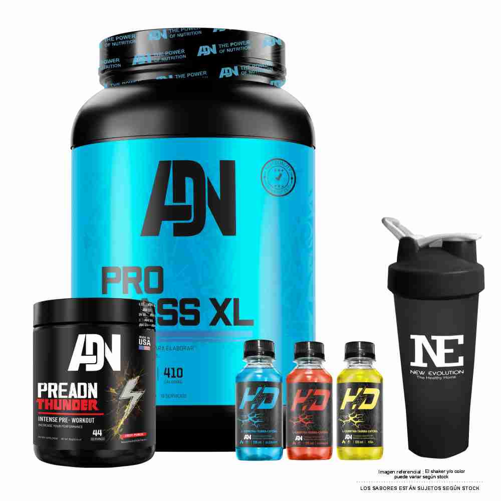 COMBO ADN NUTRITION - PRO MASS XL 2 KG. VAINILLA + PRE ADN THUNDER 352 GR. FRUIT PUNCH + SHAKER - 1