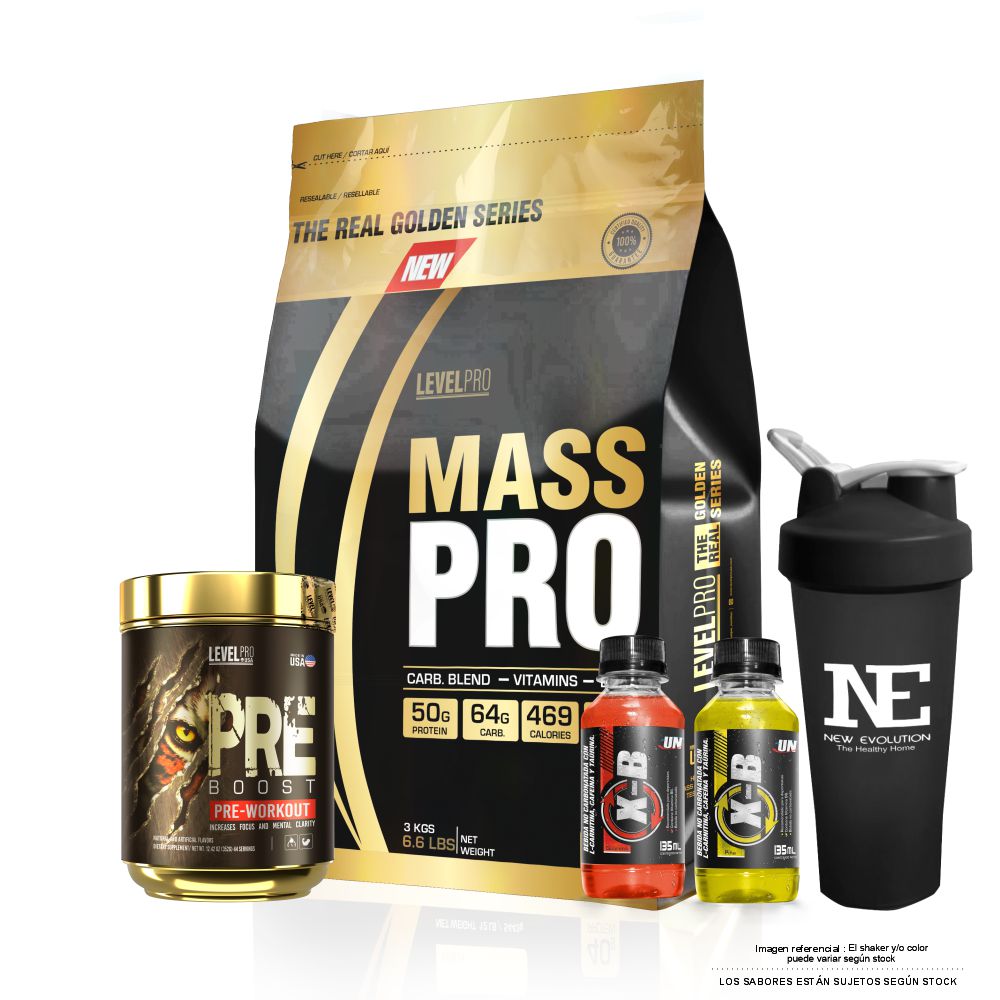COMBO LEVEL PRO - MASS PRO 6.6 LIBRAS COOKIE + PRE BOOST 352 GR. GREEN APPLE + SHAKER - 1
