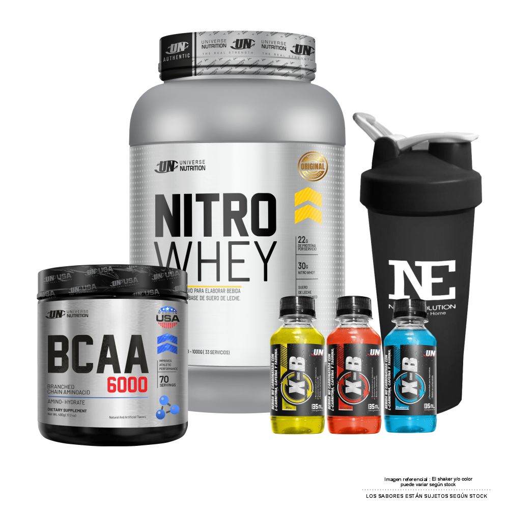 COMBO UNIVERSE NUTRITION - NITRO WHEY 1 KG. VAINILLA + BCAA 6000 490 GR. CITRUS PUNCH + SHAKER - 1