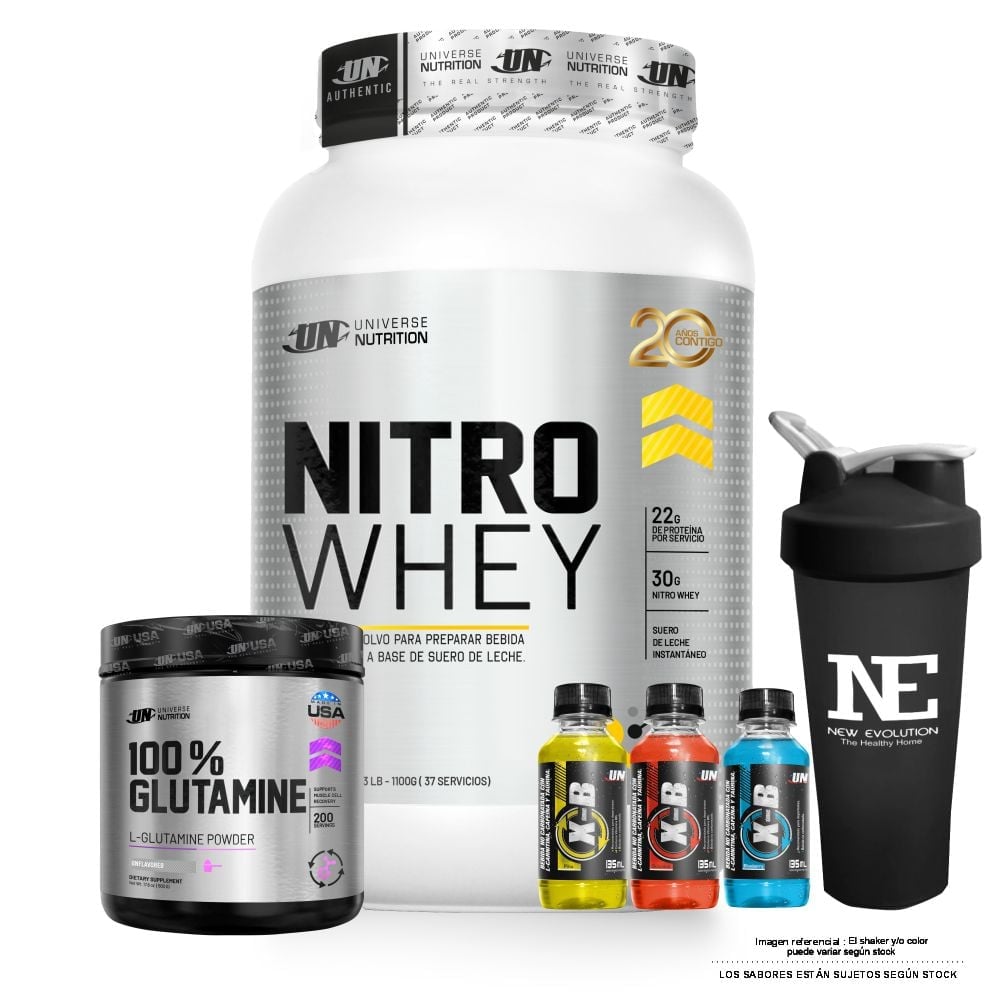 COMBO UNIVERSE NUTRITION - NITRO WHEY 1.100 KG. VAINILLA  + 100% GLUTAMINE 500 GR. + SHAKER - 1
